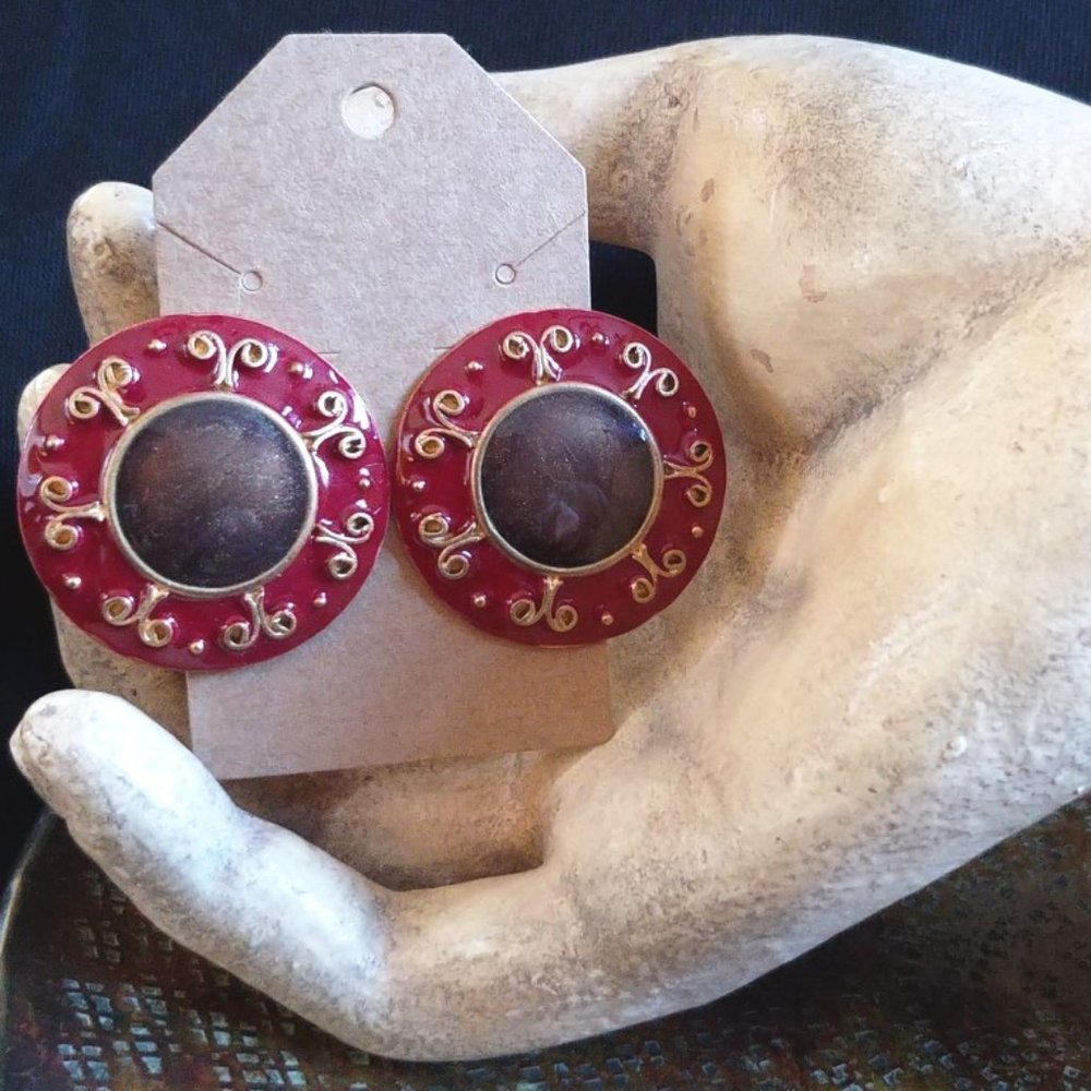 Don Lin Vintage Gold, Red, Brown Enamel Dome Earrings EUC
